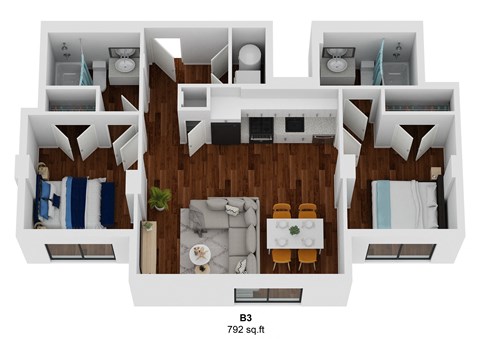 Floor plan for 2 beds, 2 baths, 792 sqft